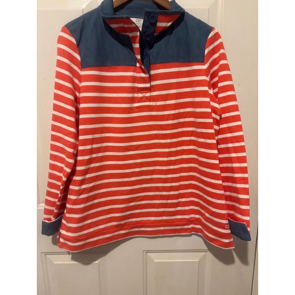 Crown & Ivy‎ Top Harper Women's Long Sleeve Blue Denim Red White Striped XL